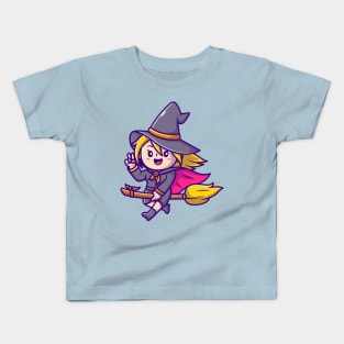 Cute Witch female Riding Magic Broom Cartoon Kids T-Shirt